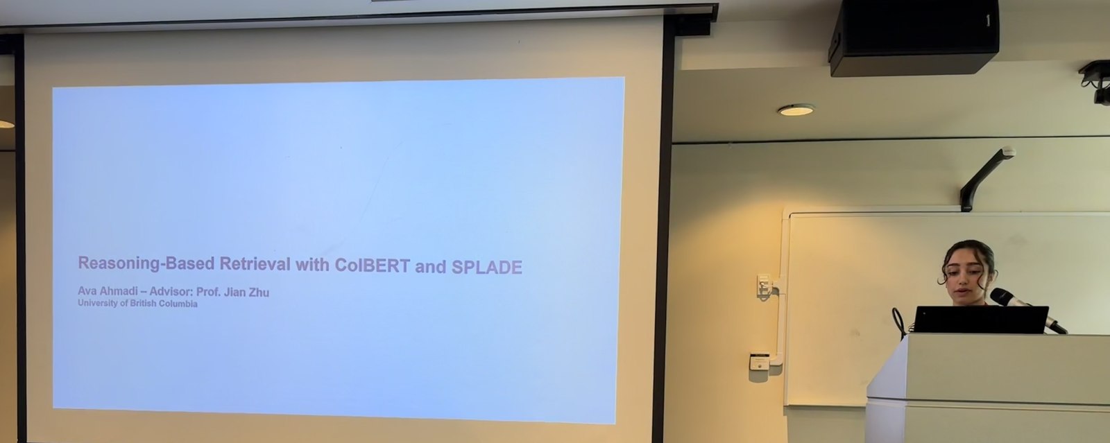 Ava Ahmadi presenting Reasoning-Based Retrieval with ColBERT and SPLADE at Canadian AI 2026